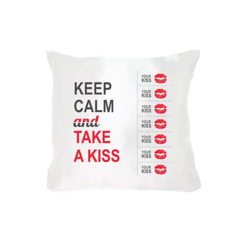 Възглавничка от сатен, квадрат, Keep calm and take a kiss