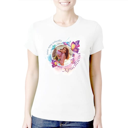 Дамска полиестерна тениска с Ваша снимка за Христина, вариант 1