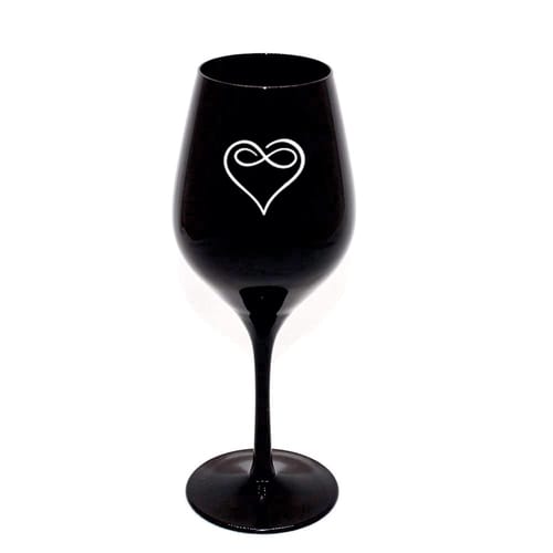 Гравирана, черна чаша за вино, за Свети Валентин:"Сърце и знак за безкрайност"