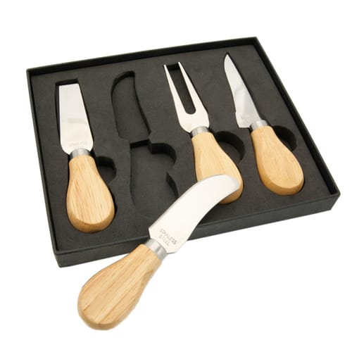 Комплект за мезета: 2 ножа, шпатула и вилица, дърво и стомана