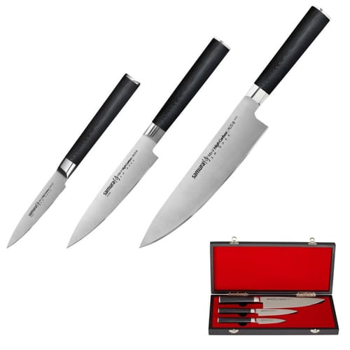SAMURA MO V Сет от 3 ножа в подаръчна кутия: Професионален малък нож за рязане, Професионален универсален нож, Професионален нож на шеф готвача