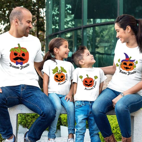 Комплект 4 тениски за Хелоуин, дамска и мъжка и две детски с тикви