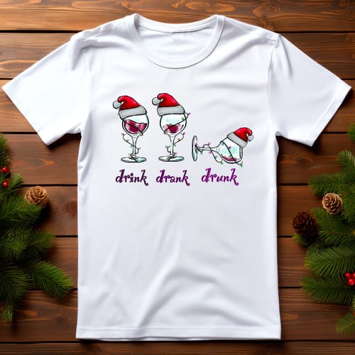 Коледна тениска със забавен дизайн, "Drink, drank, drunk"
