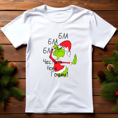 Коледна тениска със забавен дизайн, "Бла,бла,бла, Честита Нова Година!"