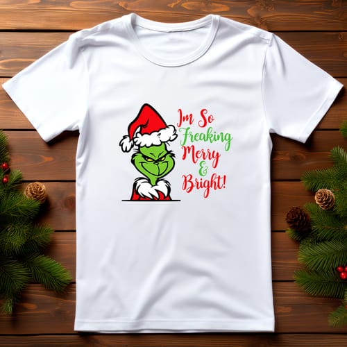 Коледна тениска със забавен дизайн, "I'm so freaking merry&bright"