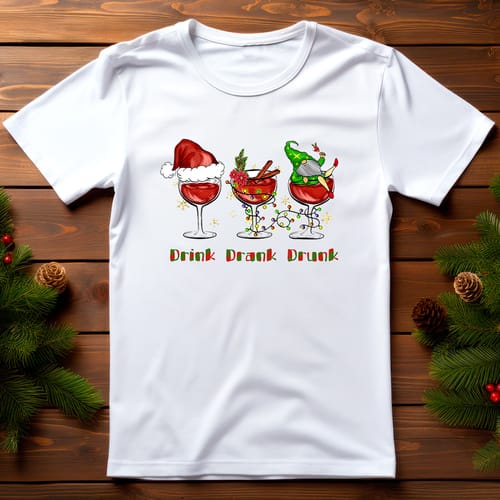 Коледна тениска със забавен дизайн, "Drink, drank, drunk"