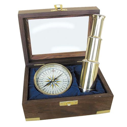Морски комплект, телескоп и компас в дървена кутия, SC9299