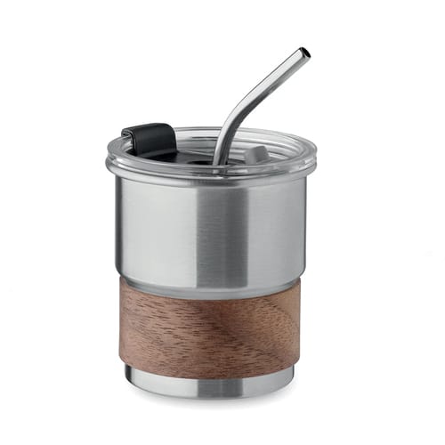 Стоманена чаша с капак, метална сламка и с акациев захват