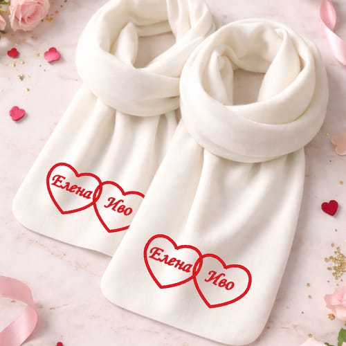 Комплект бродирани бели шалове с две имена в две сърца