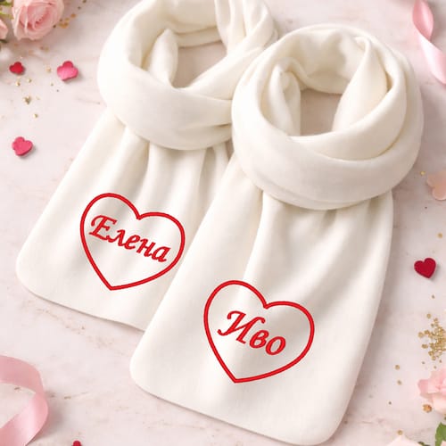 Комплект бродирани бели шалове с по едно име във всяко сърце
