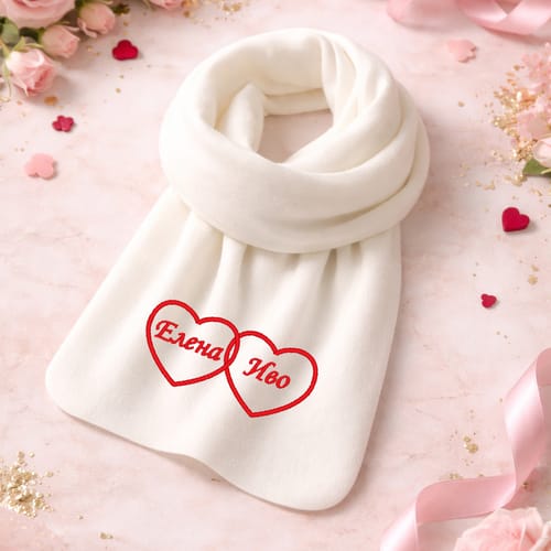 Бродиран бял шал с двойно сърце и две имена