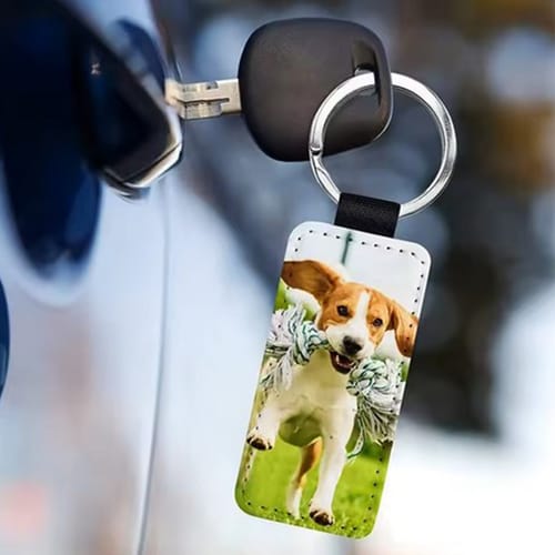 Ключодържател със снимка – текстилна предна част и кожен гръб.