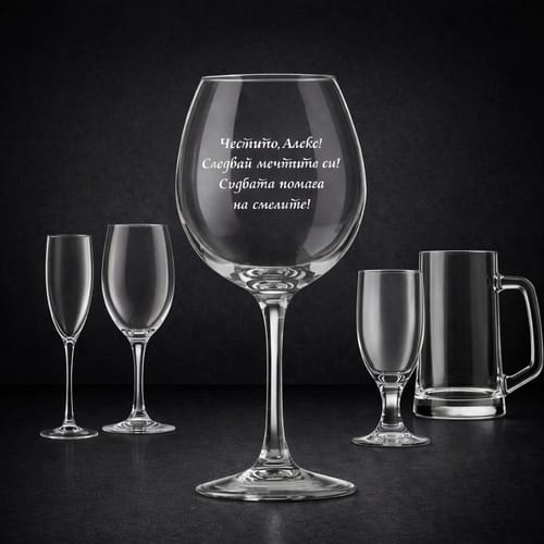 Стъклена чаша с текст: "Честито Името.... Съдбата помага на смелите!"