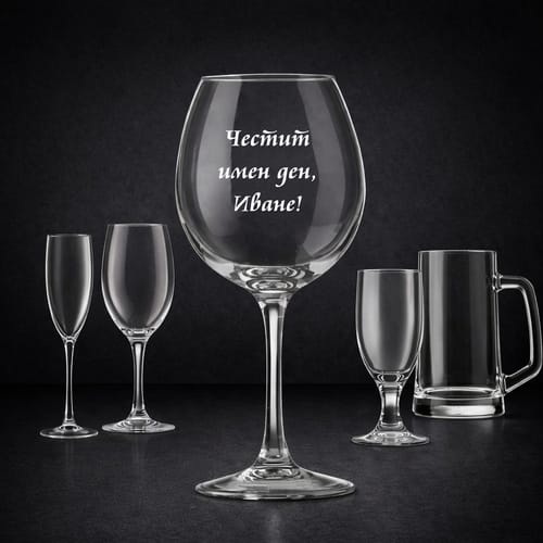 Стъклена чаша с текст: "Честит имен ден, (Името)!
