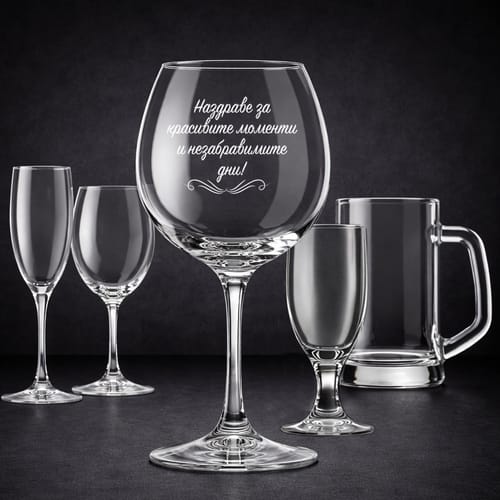 Стъклена чаша с текст: "Наздраве за красивите моменти и споделените мигове!"