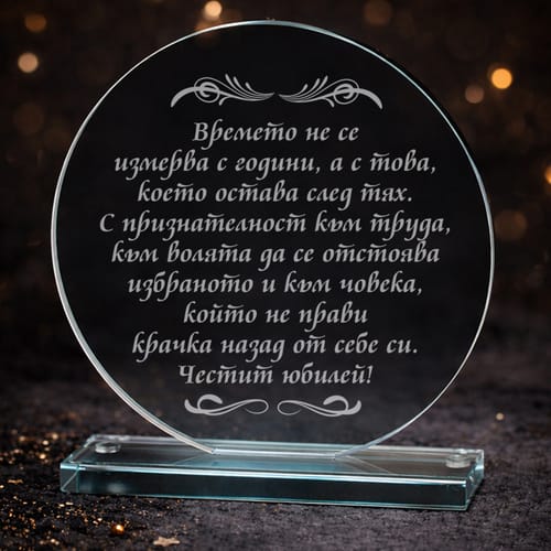 Гравиран кристален плакет за юбилей "Времето не се измерва с години..."