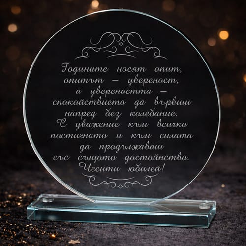 Гравиран кристален плакет за юбилей "Годините носят опит..."