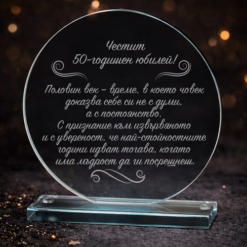 Гравиран кристален плакет за юбилей "Половин век..."
