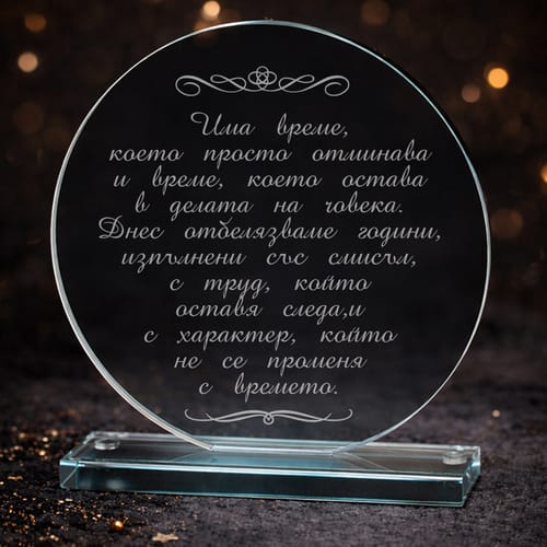 Гравиран кристален плакет за юбилей "Има време, което..."