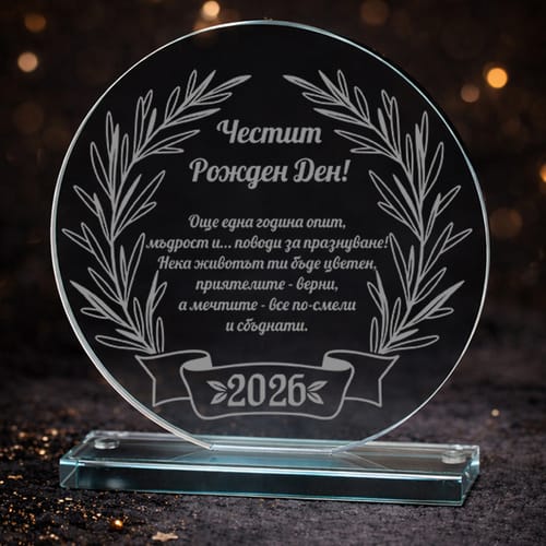 Гравиран кристален плакет за рожден ден : "Още една година опит ...""