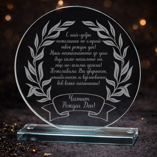 Гравиран кристален плакет за рожден ден : "С най-добри пожелания...""