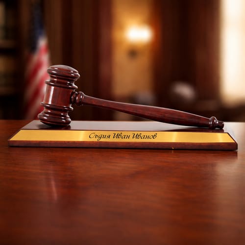 Съдийско чукче с основа и табелка с надпис, WGAV