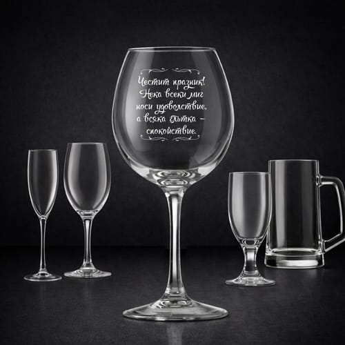 Стъклена, гравирана чаша с текст: "Честит Празник! Нека всеки миг носи..."