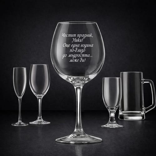 Стъклена чаша с текст: "Честит празник, (име)! Още една година по-близо до..."