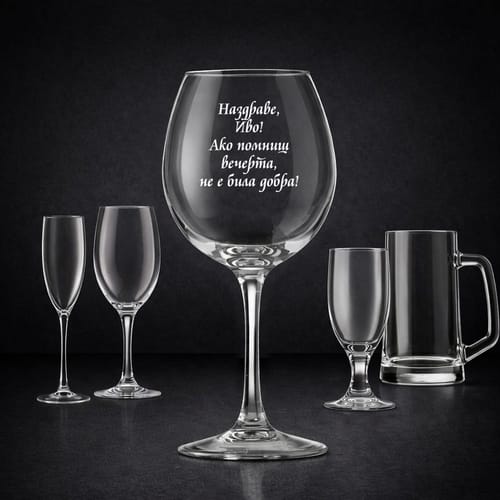 Стъклена чаша с текст: "Наздраве, (име)! Ако помниш вечерта, не е била добра!"