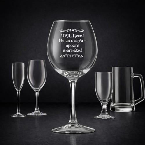 Стъклена чаша с текст: "ЧРД, (име)! Не си стар/а –  просто  винтидж!"
