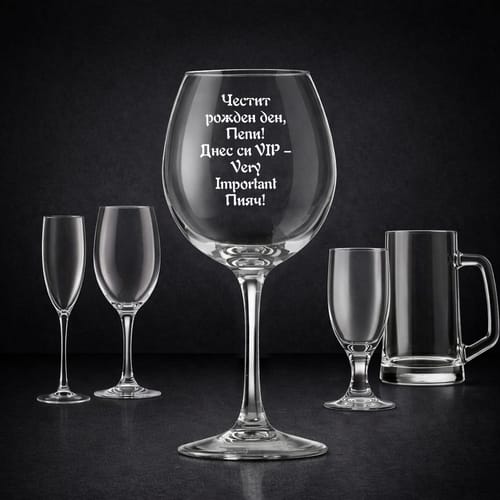 Стъклена чаша с текст: "Честит рожден ден, (име)! Днес си VIP –  Very  Important  Пияч!"