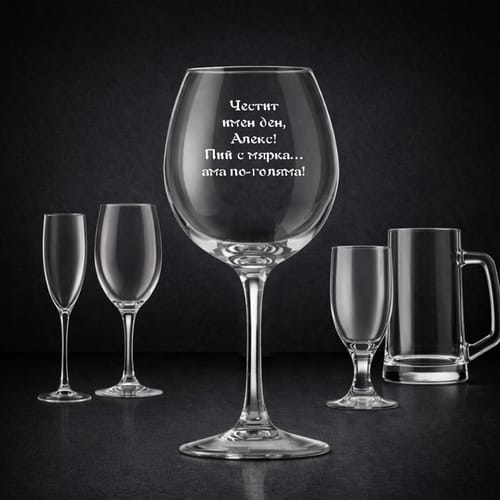 Стъклена чаша с текст: "Честит имен ден, (име)! Пий с мярка… ама по-голяма!"