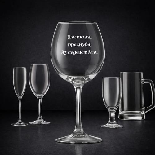Стъклена чаша с текст: "Името ми  празнува.  Аз съдействам."