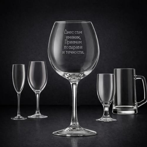 Стъклена чаша с текст: "Днес съм именик. Приемам поздрави и течности."