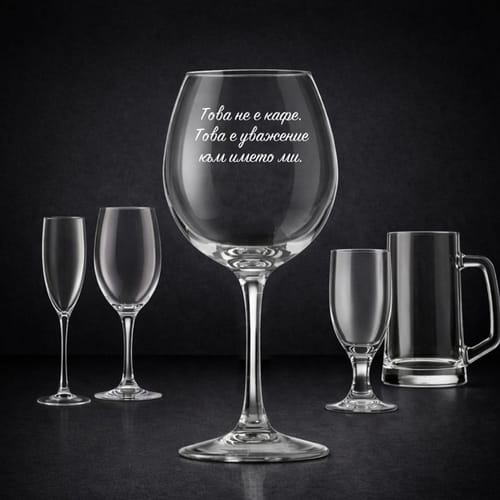 Стъклена чаша с текст: "Това не е кафе. Това е уважение към името ми."