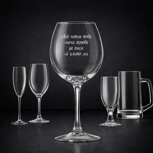 Стъклена чаша с текст:"Ако четеш това, значи трябва да пием за името ми."