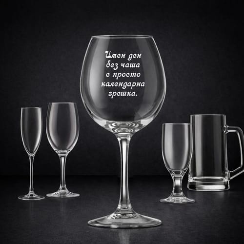 Стъклена чаша с текст:"Имен ден без чаша е просто календарна грешка."