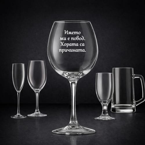 Стъклена чаша с текст:"Името ми е повод. Хората са причината."