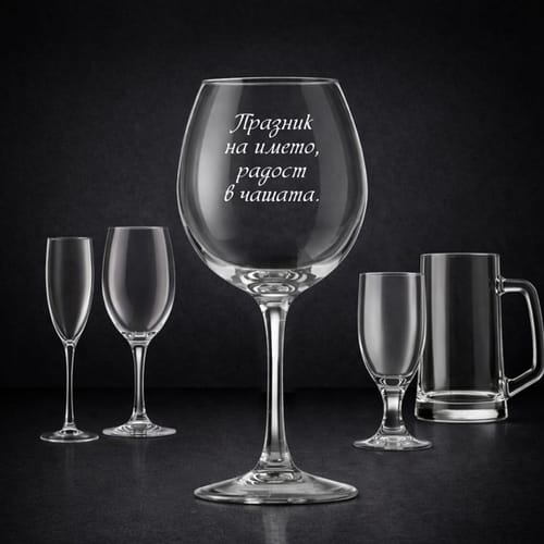 Стъклена чаша с текст: "Празник на името, радост в чашата."